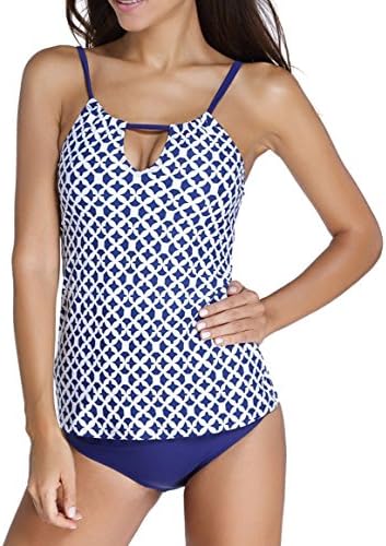 Coauan Women High Neck Tankini Top with Triangle Briefs Swimsuit (L:US 6-8, Navy)
