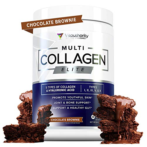 Multi Collagen Elite Chocolate Brownie Collagen Protein Powder: Multiple Source Grass-Fed Hydrolyzed Collagen Peptides with Vitamin C and Hyaluronic Acid, Types I II III V X, Anti-Aging Powder, 30srv