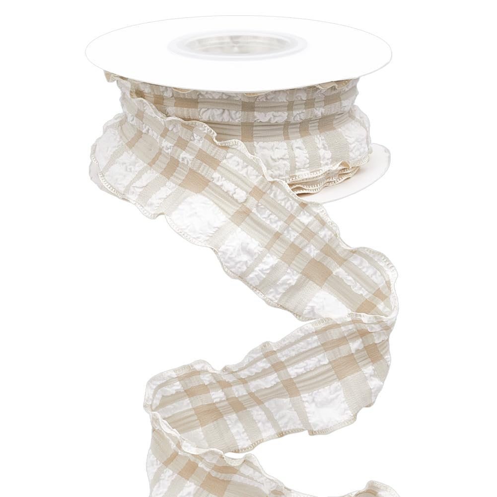 CABODYALS 9.14M 40mm Beige Gingham Plaid Ribbon Checkered Wired Wrinkled Trim Double Chiffon Ruffled Edge Polyester Ribbon with Spool for Gift Wrapping Wedding Invitations Bouquets Christmas Decor