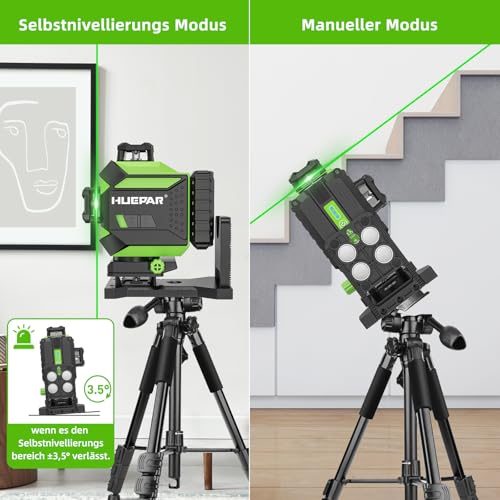 Huepar 4x360 4D Green Laser Level 16 Lines Laser Self-Leveling Cross Tool, 2x360 Horizontal & Vertical with Pulse Mode, Li-ion Battery, Magnetic Base, Hard Carrying Case