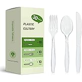 Irekamons Plastic Silverware Set, 30-Piece Disposable Plastic Utensils for Parties, Clear Cutlery, Plasticware Forks, Spoons, Knives