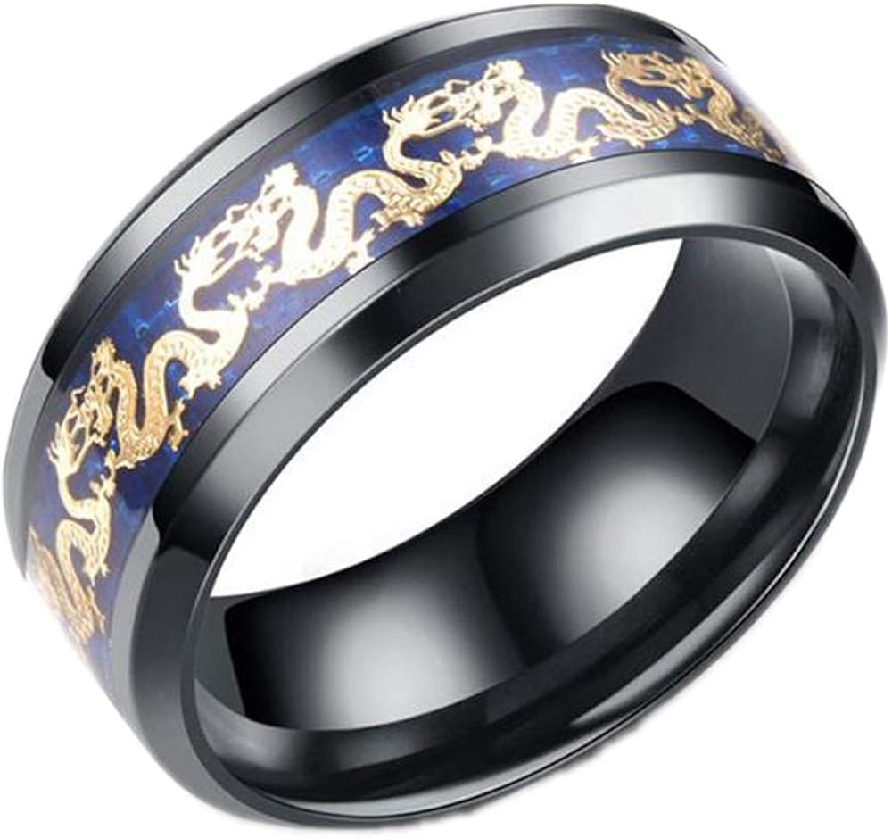 8 mm Stainless Steel Blue Double Dragon Ring Men Wedding Band Jewelry