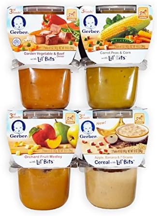 Gerber 3rd Foods Bundle. 1 Garden Vegetable &amp; Beef, 1 Orchard Fruit Medley, 1 Carrot Peas &amp; Corn and 1 Apple-Banana &amp; 7 Grains. Plus Free Bonus1 Baby Washcloth, Dispbl Baby Bibs And 1 Spoon.