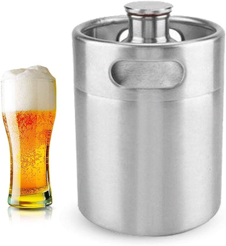 Beer Barrel, Mini Keg Growler Stainless Steel Beer Barrel with Spiral Cover Lid Supplies Holds Beer Double Handles for Home Hotel Camping Picnic (5L)
