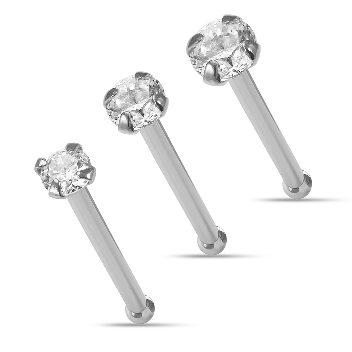 AZARIO LONDON 3 Pieces Box Set 14K Solid White Gold Claw Set CZ Stone 22 Gauge Ball End Nose Pin Nose Stud Piercing