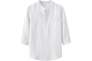 Men's Linen Cotton Blend Shirt | Short Sleeve Stand Collar with Pocket, Striped Baggy Blouse Top