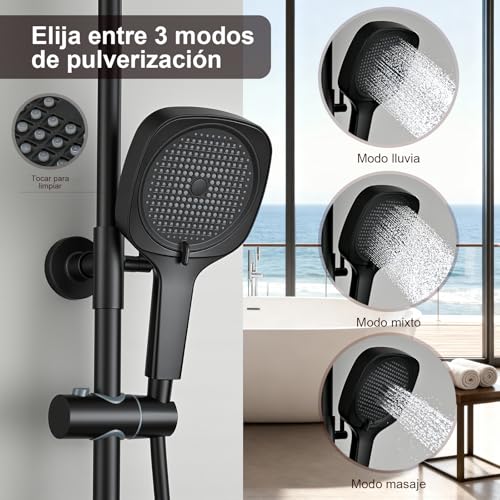 DelnVior Shower System with Thermostat Stainless Steel Square Rain Shower 3 Jet Types Complete Shower Set Adjustable Height with Anti-scald Protection Water Saving