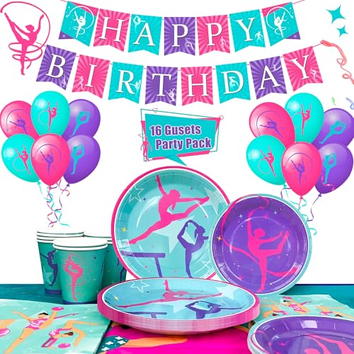 104pcs Gymnastics Party Decorations, Tableware & Gymnastics Birthday Party Decoration – Banner of Gymnastics Balloons Plate Tablecloth etc Supplies for Gymnastics Birthday Parties