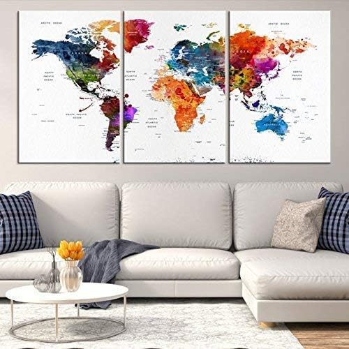 Modern Abstract Best Seller Mixcolor World Map Push Pin Travel Map Wall Art Canvas Print for Home and Living Decoration - Ready to Hang - Gift for Him - Gift For Her - Wedding Guest Book World Map