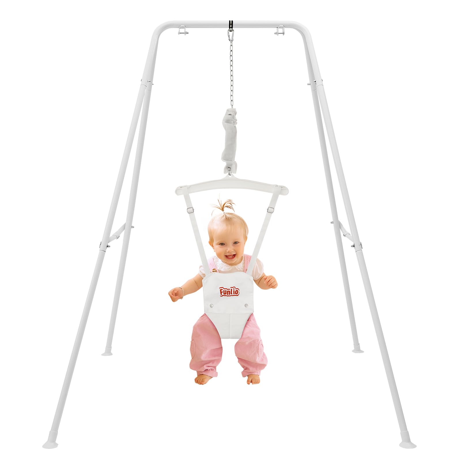 FUNLIO Baby Jumper with Stand for 6-24 Months, Toddler Jumper for Baby Girl/Boy, Infant Jumper for Indoor/Outdoor Play, with Adjustable Chain, Easy to Assemble & Store (with Stand) - White