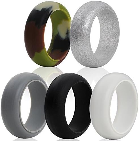 Silicone Wedding Ring Wedding Band For Men-5 Rings Pack-Camo,Metal Look Silver,Gray,Black,Light Gray