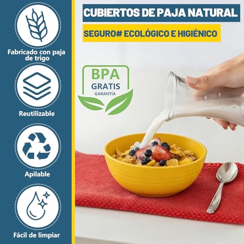 Juego de Vajilla de 32 PCS, Vajillas para 8 Personas de Paja de Trigo, Platos de Reutilizable con PP Irrompible, Incluye Platos, Cuencos y Tazas para Uso Doméstico y Picnic Aire Libre