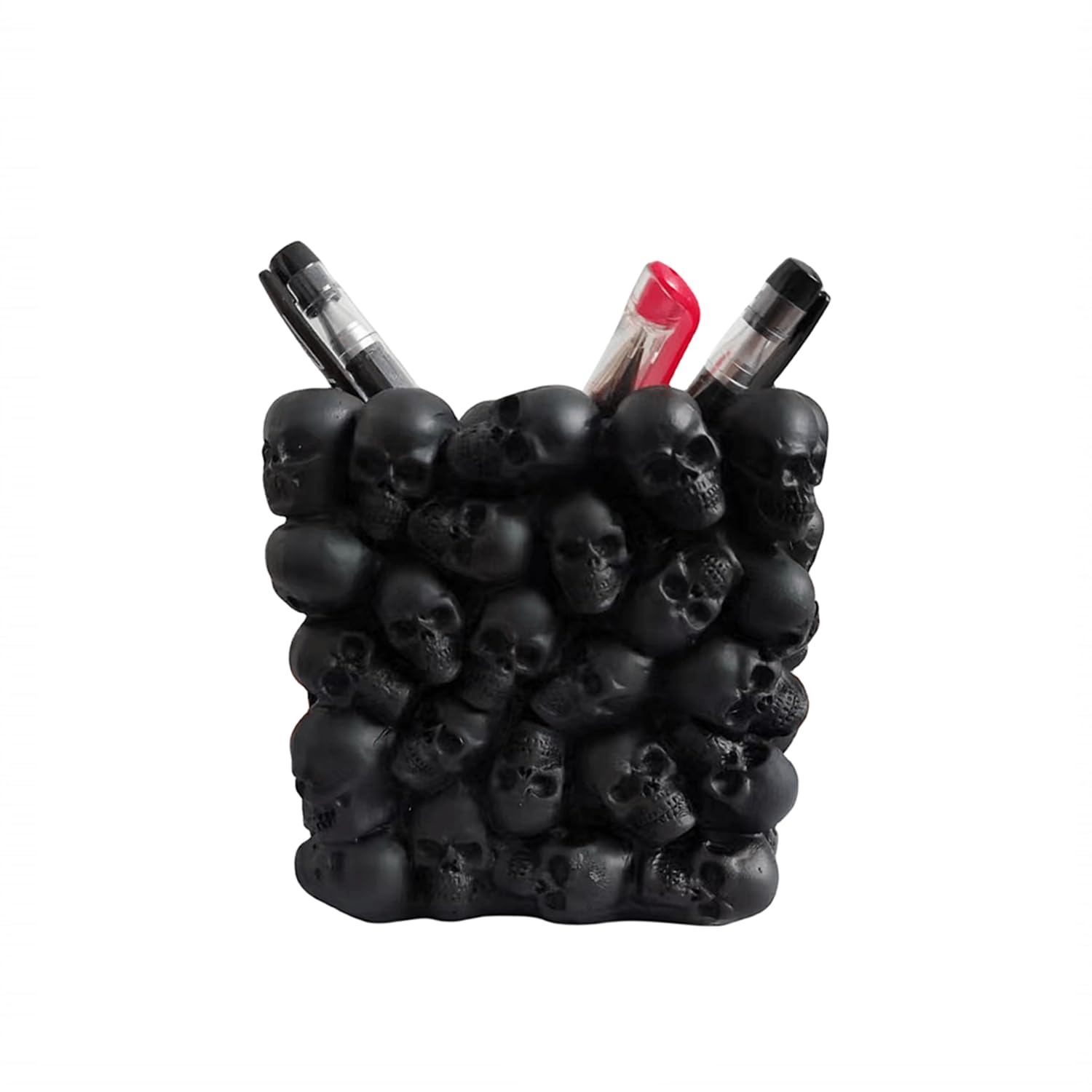 RURUOGUK Skull Pen Pencil Holder Makeup Brush Holder Toothbrush Holder Flower Pot Key Storage Resin Skeleton Home Office Halloween Decor (Black)