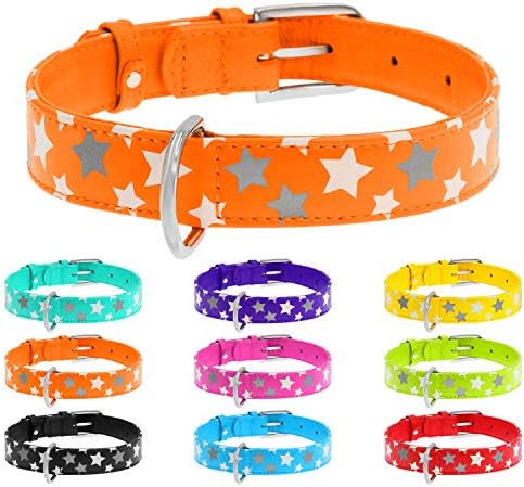 WAUDOG Reflective Leather Dog Collar - Durable Dog Collars for Small Medium Large Dogs Puppy - Red Blue Pink Purple Green Black Safety - Soft Padded - Stars Plus