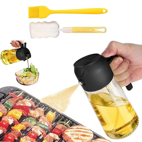 Oil Spray Bottle Kitchen, Oil Sprayer for Air Fryer, Olive Dispenser with 2 Cleaning Brush, 2 in 1 Premium Glass Canola Oil Mister Bottles for Salad, BBQ, Cooking Appliances, (16oz/470ml) (Black)