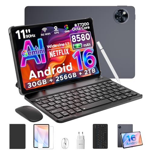 U11 PRO Android 16 Tablet 11 Pollici, 30GB+256GB/2TB Tablet con Tastiera, 8580mAh, T7200 Octa Core, Gemini AI Tablets con Pennae & Mouse & Case, 90Hz 1080P, 13MP+5MP, Widevine L1/WIFI 5 /Face ID/OTG