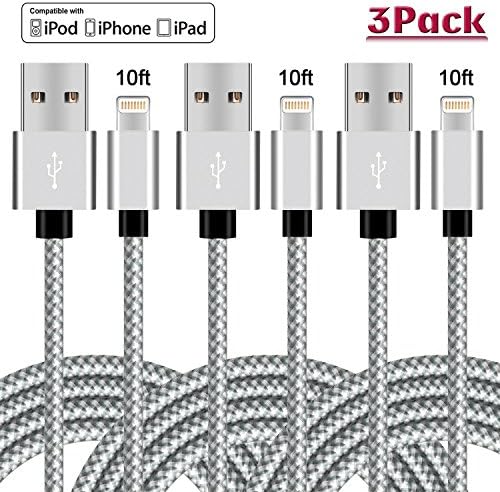Lightning Cable, Bestronic iPhone Charger 3Pack 10FT Ultra Long Nylon Braided USB Cable Cord Compatible with iPhone7 7Plus 6s 6sPlus 6 6Plus 5 5s 5c SE iPad iPod &amp; More (Grey&amp;White)