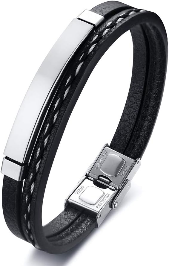 Personalised Customised Engrave Stainless Steel Braided Leather ID Cuff Bracelets for Men and Women