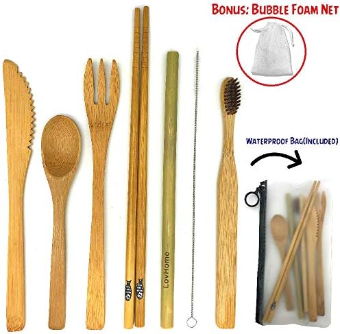 7 in 1 Reusable Bamboo Cutlery Set, Bamboo Flatware Set with an Accessory Bag, Utensil Set for Traveling, Camping, or Outdoor Activities