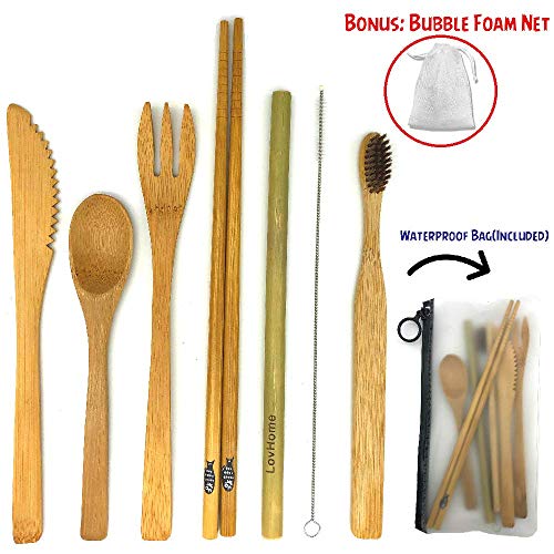 7 in 1 Reusable Bamboo Cutlery Set, Bamboo Flatware Set with an Accessory Bag, Utensil Set for Traveling, Camping, or Outdoor Activities