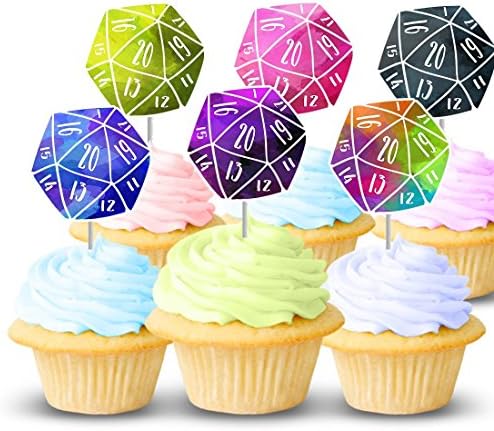 Dice cupcake toppers 12 ct - Board game birthday party supplies, decorations, centerpiece, cake picks - Fake card-stock d20 dice for food decor - Handmade in the USA
