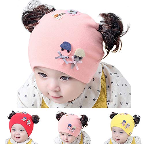 BriStory Newborn Baby Cotton Knitted Hat, Warm Infant Cap Beanie with Cute Wig Flower for 0-12 Months Girls – 3 Pack