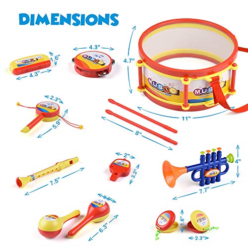 BRITENWAY Toddler Music Drum Toys, Kids Percussion Musical Instruments for Boys and Girls, Educational Music Toy Set with Drums, Percussion, Tambourine, Trumpet, Maraca, Harmonica, Flute and More