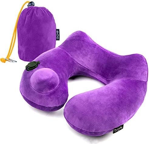 Daydreamer Inflatable Neck Travel Pillow - Luxuriously Soft Washable Cover and Compact Packsack with Travel Clip - for Lightweight Support in Airplane, Car, Train, Bus and Home - Purple