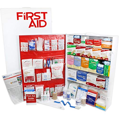 OSHA & ANSI 2 Shelf Industrial First Aid Cabinet with Pocket Liner, 75 Person, 562 Pieces, 2015 Class B+, Types I & II, Made in USA by Urgent First AidTM with Extra Content & New ANSI First Aid Guide