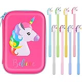 SATINIOR Pencil Case Pen Set Unicorn Pencil Box with Compartments Anti-Shock Case Box and 8 Pieces Cute Unicorn Pens for Students Kids Teens Girls (Style 1)