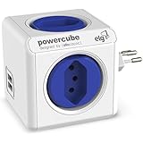 Multiplicador 4 Tomadas Bivolt + 2 USB 2.4A - PowerCube USB ELG - PWC-R4U, Azul e Branco