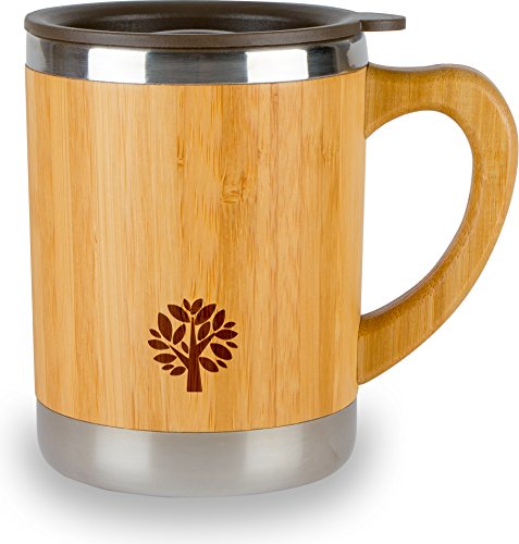 Stainless Steel & Bamboo Coffee Mug - Insulated Wooden Cup with Handle & Lid - Non-Spill On the Go - Keep Your Tea Hot Longer - Unique Gift for Men & Women - 11 oz / 300 ml