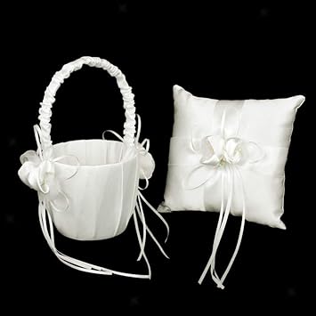 Amazon Com White Satin Flower Girls Basket Wedding Ring Pillow