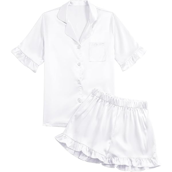 Women's Satin Pajama Set - V-Neck Ruffle Short Sleeve Top & Shorts, Silky Sleepwear