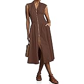 Wenrine Womens Summer Smocked Midi Dress Casual Zipper V Neck Cap Sleeve High Slit Flowy Long Dresses