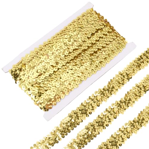 CABODYALS 10M 3 Row Elastic Sequin Trim Gold Round Flat Glitter Sequins Fabric Ribbon Bling Paillette Metallic Stretch Strip Lace Trim for Sewing Making Crafts Dress Clothes Party Craft Diy Supply