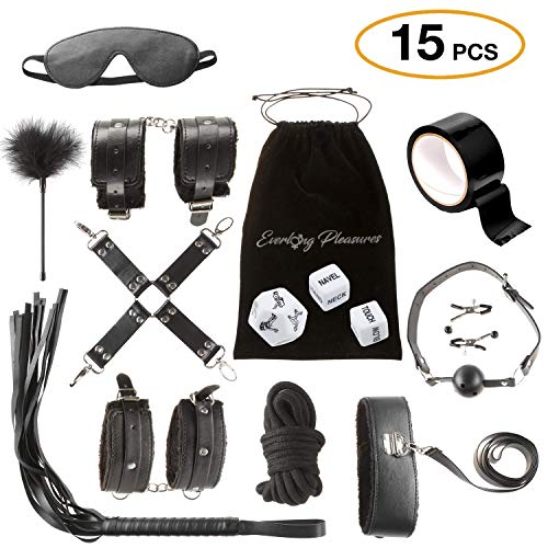 15 Pcs BDSM PREMIUM QUALITY Love Bed Bondage Set Kit Restraints Straps Soft Wrist And Ankle Cuffs Fetish Sex Toys For Couples Men With BONUS Sex Dice Game By Everlong Pleasures