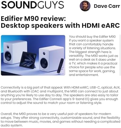 Diffusori da scaffale M90, scrivania 100 W RMS, audio alta risoluzione, LDAC, Bluetooth 6.0, ingressi HDMI eARC/ottico/USB-C/AUX, amplificati con uscita SUB OUT, telecomando per TV/PC-Nero