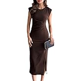 Women's Sexy Ruched Bodycon Midi Dresses Elegant Sleeveless Round Neck Split Party Dress