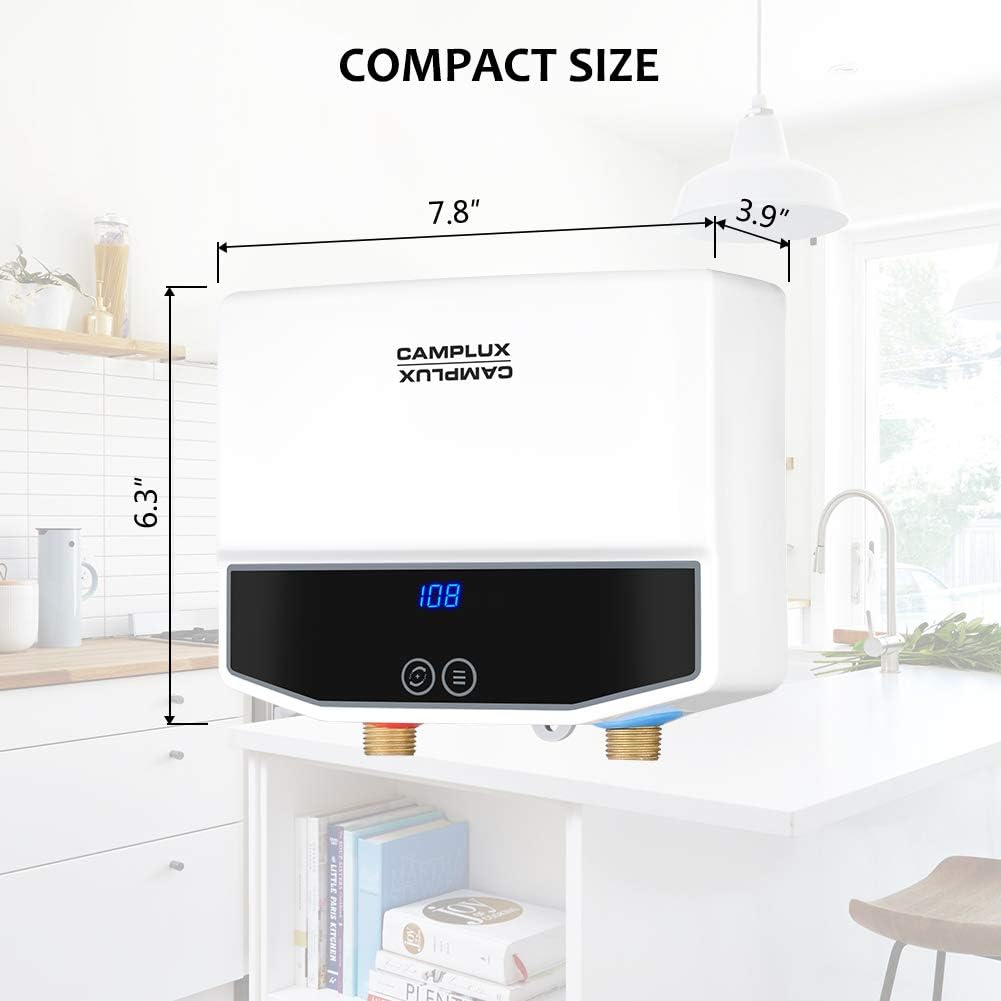 Camplux Electric Tankless Water Heater, TE04 Point-of-Use Residential Water Heater, Instant Electric Water Heater with Digital Display and Cable, 3.5kW at 120V, White - - 