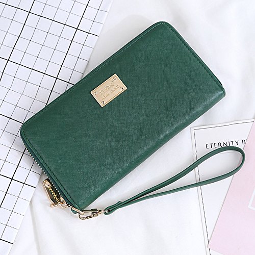 Women Wallet PU Leather Zipper Long Purse Credit Card Clutch Holder Strap Handbag (Green)