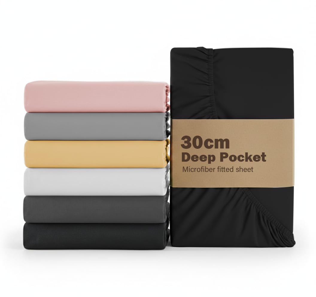 Rehan & Co Double Fitted Sheet Black Deep Pocket 12 Inch (30 Cm) Bed Sheets Super Soft 100% Brushed Microfiber Deep Fitted Sheets (137x190cm)