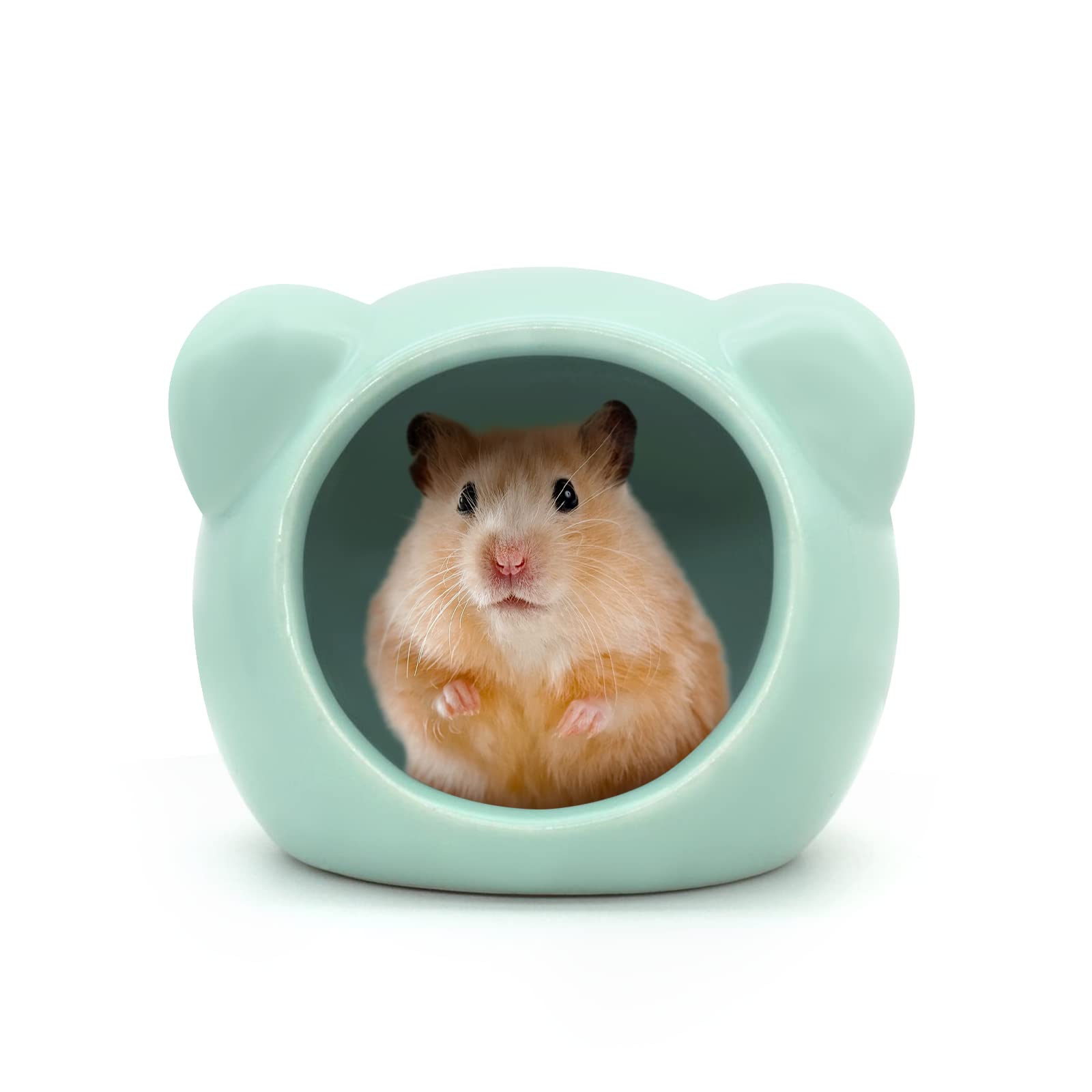 Andiker Ceramic Hamster House, Cute Animal Shape Hamster Cave Summer Cool Small Animal Hideout Habitat Decor for Dwarf Hamsters, Gerbils, Chinchilla, Golden Silk Bear (Green, M)