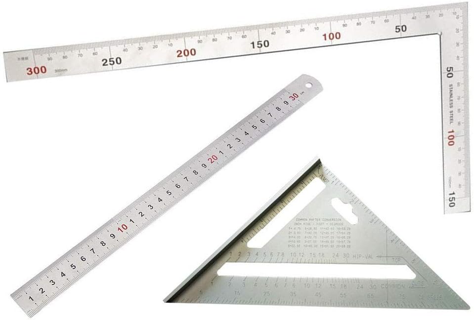 Liyafy 7 Inch Aluminum Alloy Triangle Carpenter's Square+Right Angle Ruler 30cm+90 Degree Square Angle Metric Ruler 15cm Measuring Ruler Angle Protractor Tool