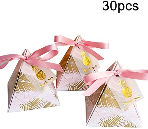 30Pcs Pink Pineapple Triangular flower feather paper chocolate Candy Boxes Wedding decor Favors Party Chocolate Gift bag With Ribbons Tags