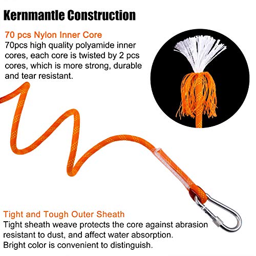 HomTop Outdoor Climbing Rope, 65Ft(20m) Length, 10.5mm Diameter, 2645Lbs(1200Kg) Pull High Strength Cord Safety Rope Braid Nylon Rope, Escape Rope Fire Rescue Parachute Rope with 2 Carabiner (Orange)