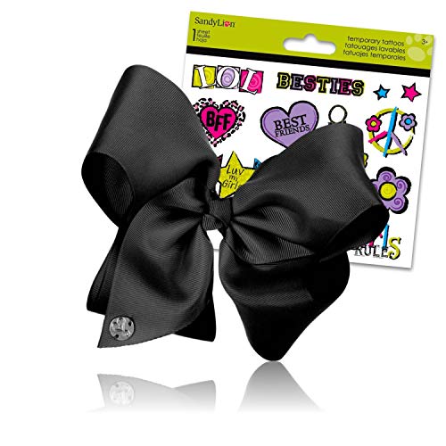 JoJo Siwa Bows Signature Collection Hair Bows for Girls - JoJo Bow Bundled with Best Friends Forever BFF Temporary Tattoos (JoJo Basic Black Bow)