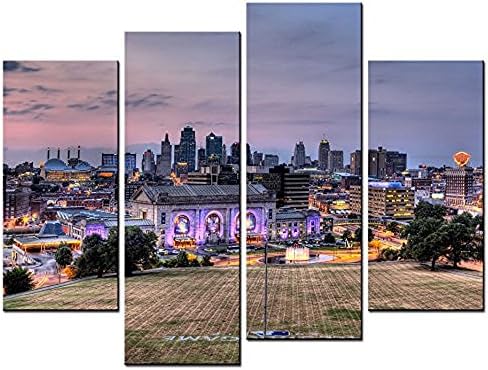 Forever With Me 4 Panel Wall Art Painting Kansas City Square In The Dusk Picture On Canvas Stretched By Wooden frames-For Living Room Decor Or As A Gift
