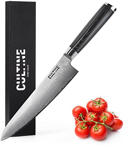 Chef 8-inch Knife by Cultine - Micarta Ergonomic Handle Professional Multi-Use Chef Knife for Chopping, Slicing, Cutting Fruits and Vegetables - Razor Sharp Chef's Knife made of Damascus Steel + Box