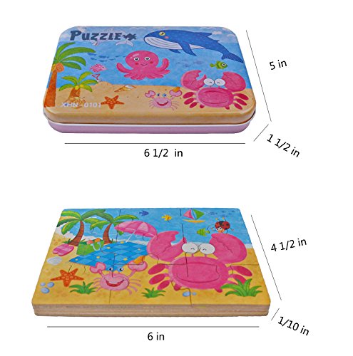 Vileafy Marine Organism Series Jigsaw Puzzle Sets, 4-Pack 4 Complexities, Best for 3-5 Years Old Babies to Develop Dexterity and Problem Solving, Free Iron Box for Easy Storage, 6 1/2" X 4 1/2".